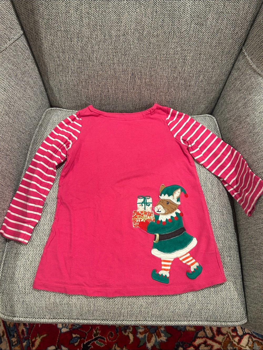Mini Boden Hot Pink Long-Sleeve Christmas Holiday Dress with Bunny Elf Applique